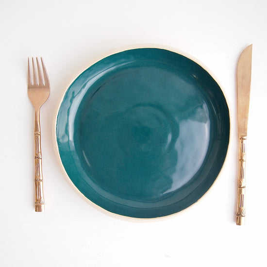 Handmade Teal and White Pottery Plate
