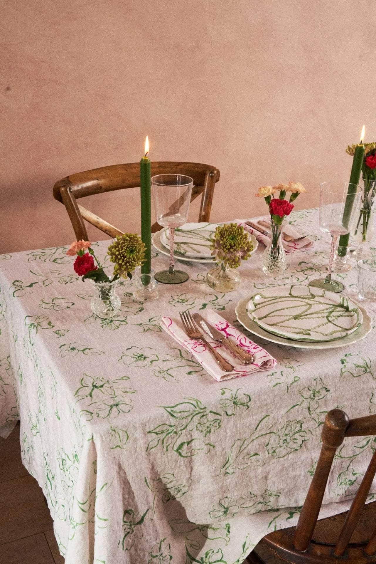 Wild Bloom Green Linen Tablecloth