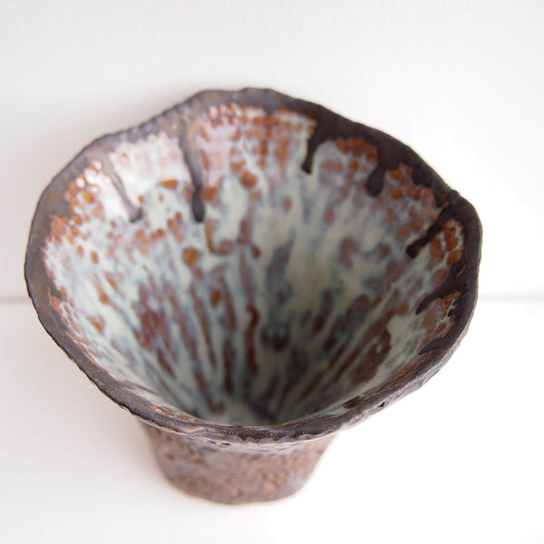 Handmade Bronze Dot Ceramic Vase with Blue Brown Swirly Interior