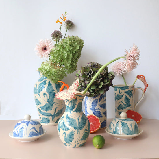 Herons Hand Painted Scalloped Vase - Teal