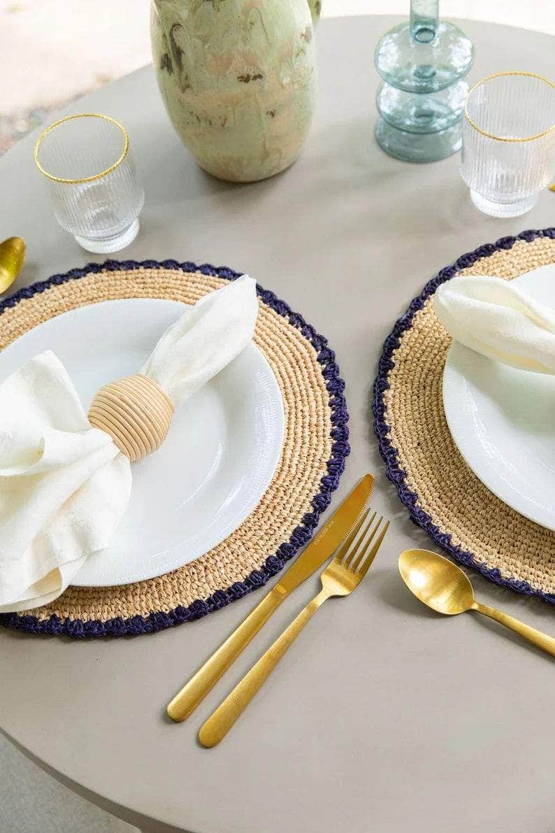 Handwoven Aura Blue Edge Placemat - Rustic Woven Raffia Tabletop Decor