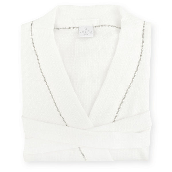 Liège Robe in Ivory White Waffle with Olive Green Hemstitch