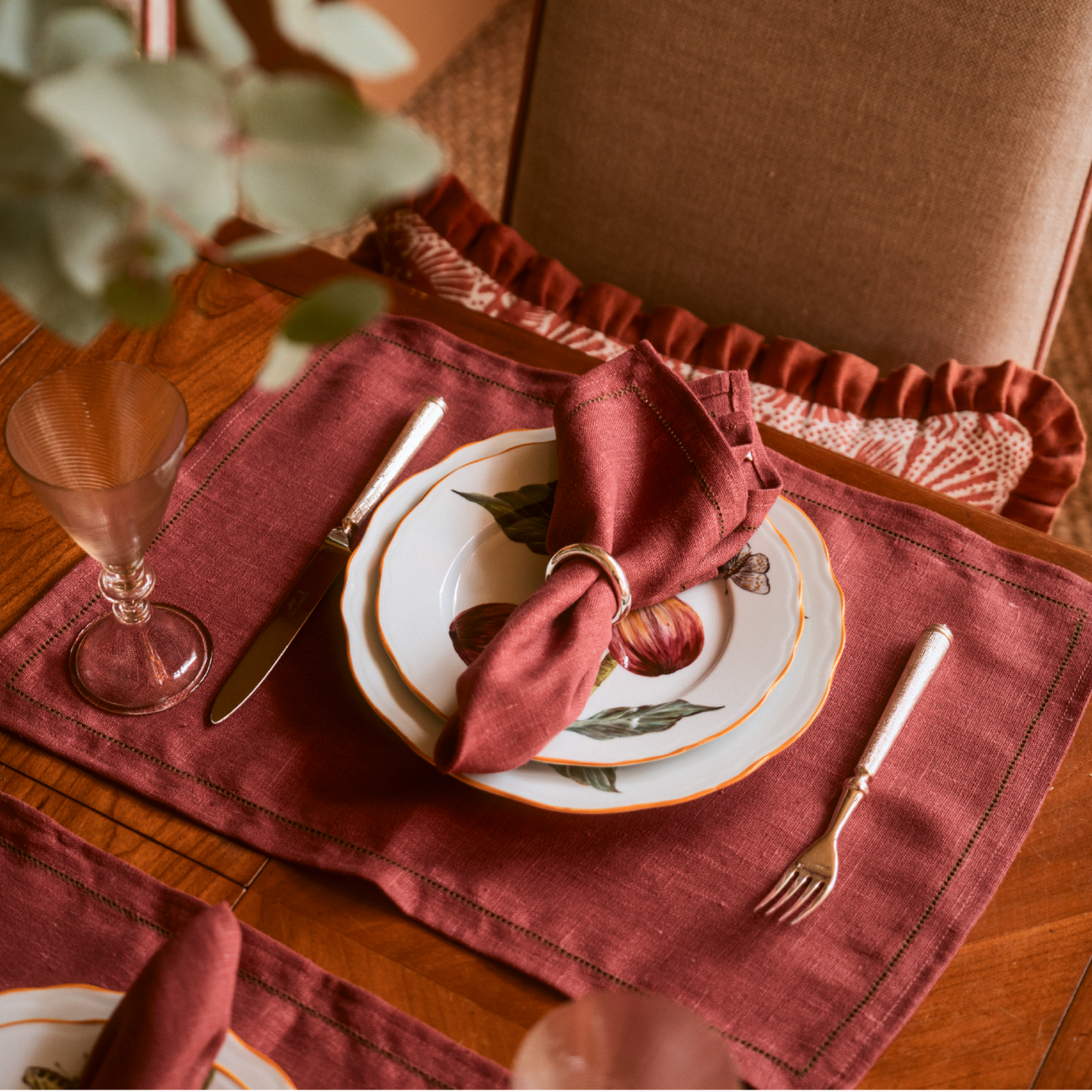Set of Marsala Placemats with Fern Green Hemstitch