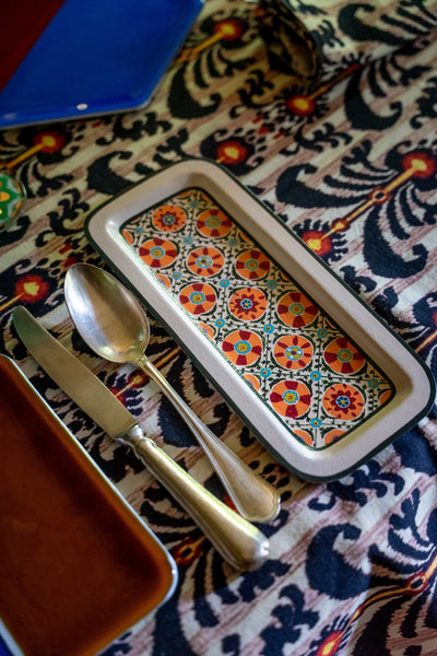 Ikat Hand-Painted Iron Tray - Rectangular White