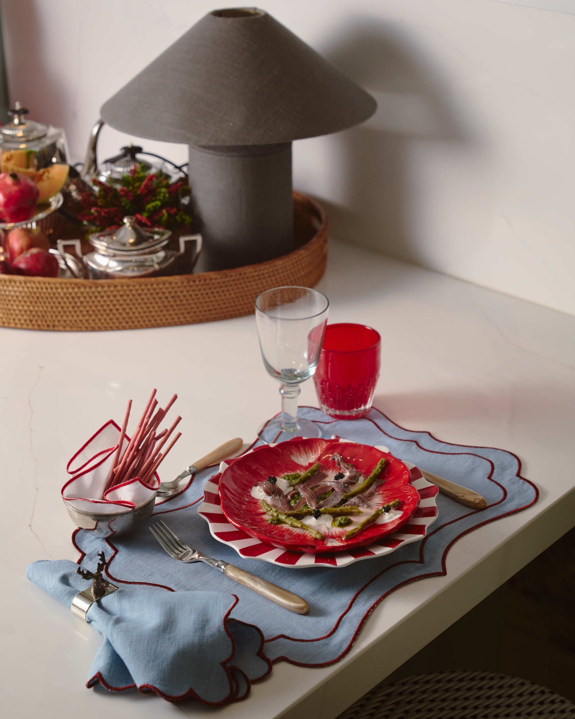 Brisa Placemat, Sky Blue with Burgundy