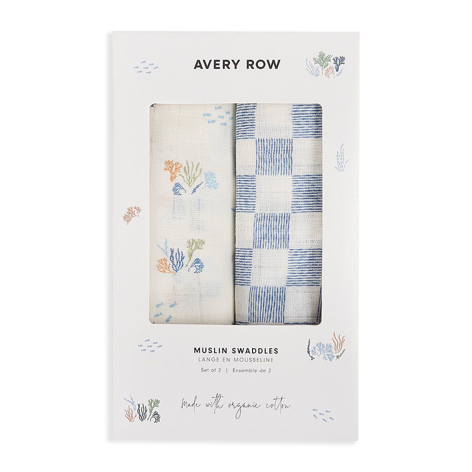 Organic Cotton Baby Muslin Swaddles, Set of 2 - Coastline / Waves