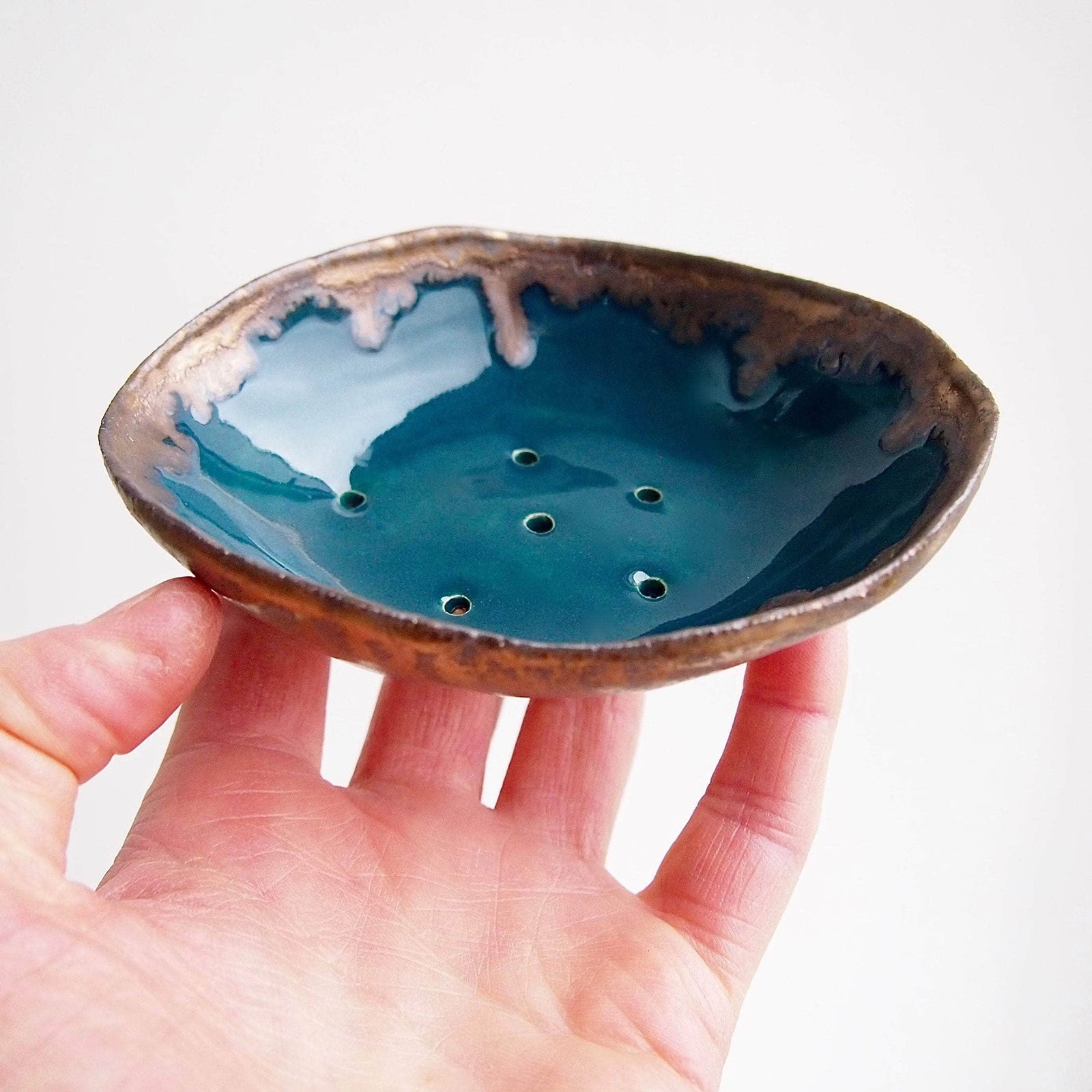 Handmade Teal Blue And Gold Oval Ceramic Soap Dish With Scalloped Top Edge
