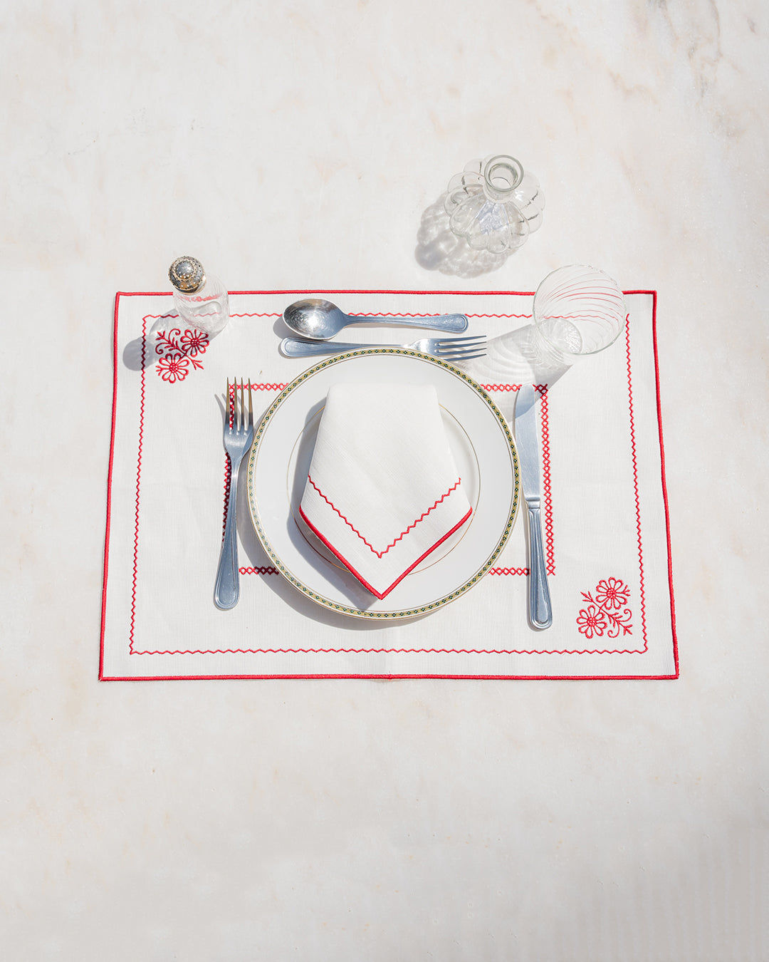 Crib Napkin, White with Red, Premium Linen-Cotton Blend