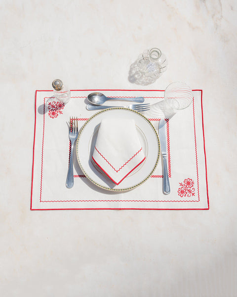 Crib Napkin, White with Red, Premium Linen-Cotton Blend