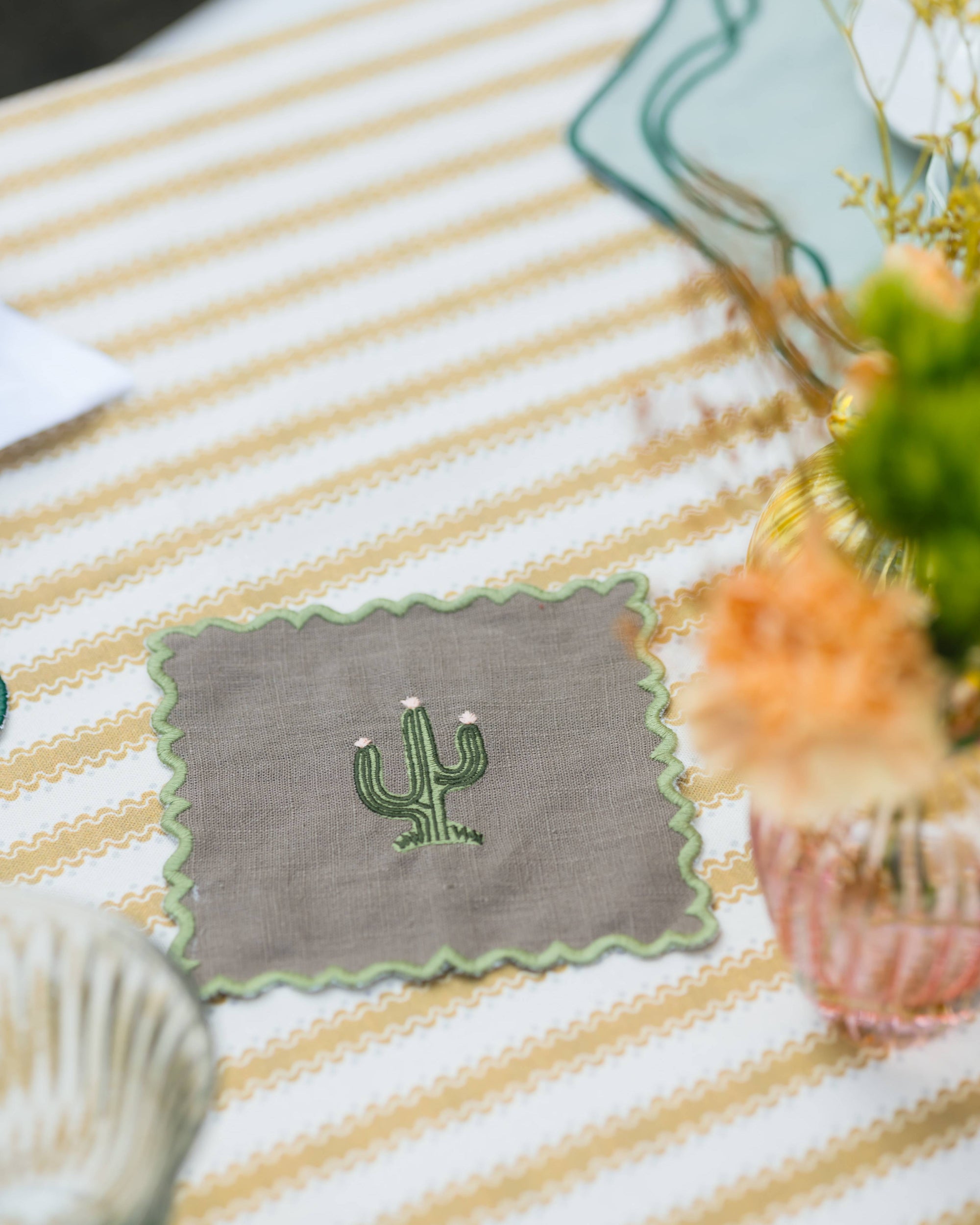 Scalloped Brown Cocktail Napkin with Cactus