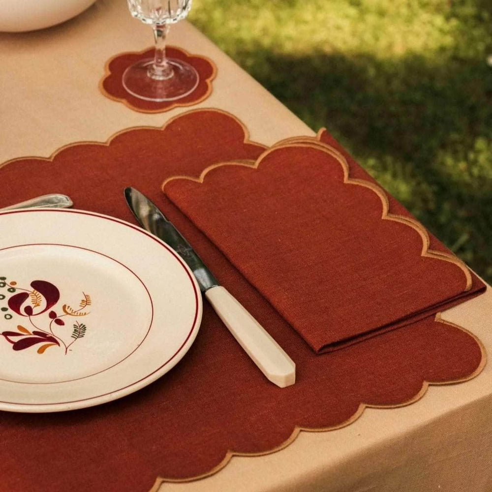 The Red and Yellow Ochre Linen Scalloped Napkins (Set of 2)