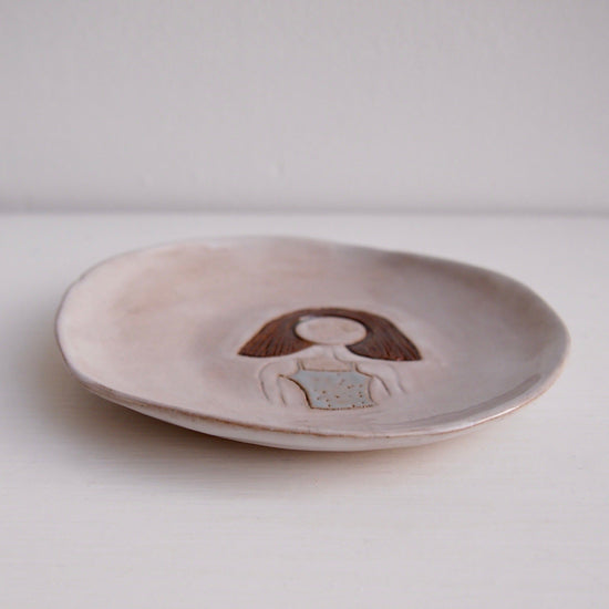 Brown Bob Hair Girl Mini Pottery Face Ring Dish / Plate