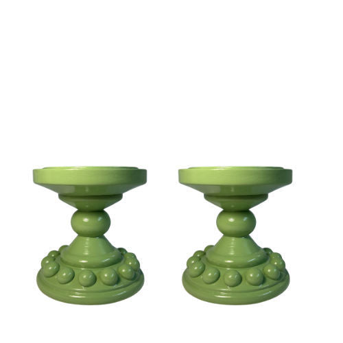 Pair of Light Green Bobbin Candle Holders (Small)