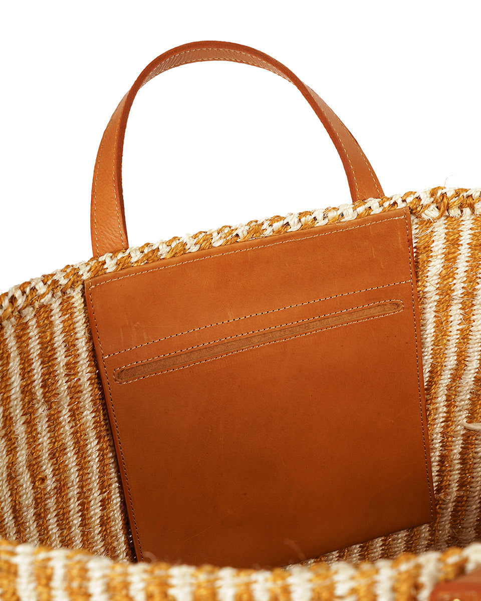 DHEHEBU: Gold and Natural Pinstripe Sisal Shopper