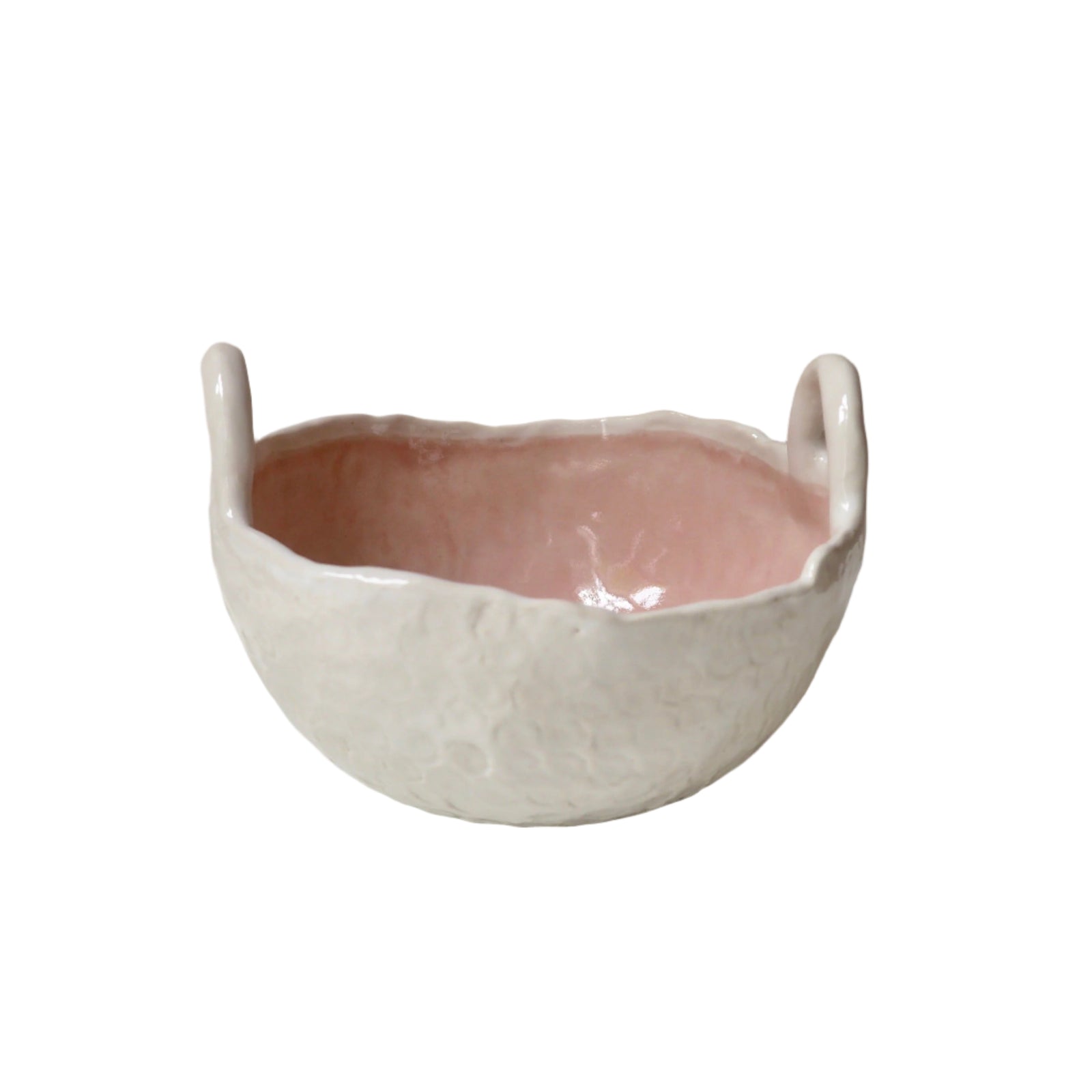 Handmade Pastel Pink and White Ceramic Bowl with Handles