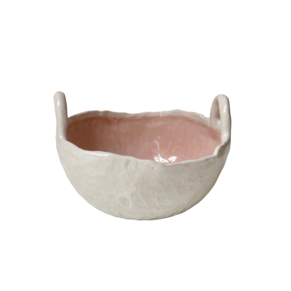 Handmade Pastel Pink and White Ceramic Bowl with Handles