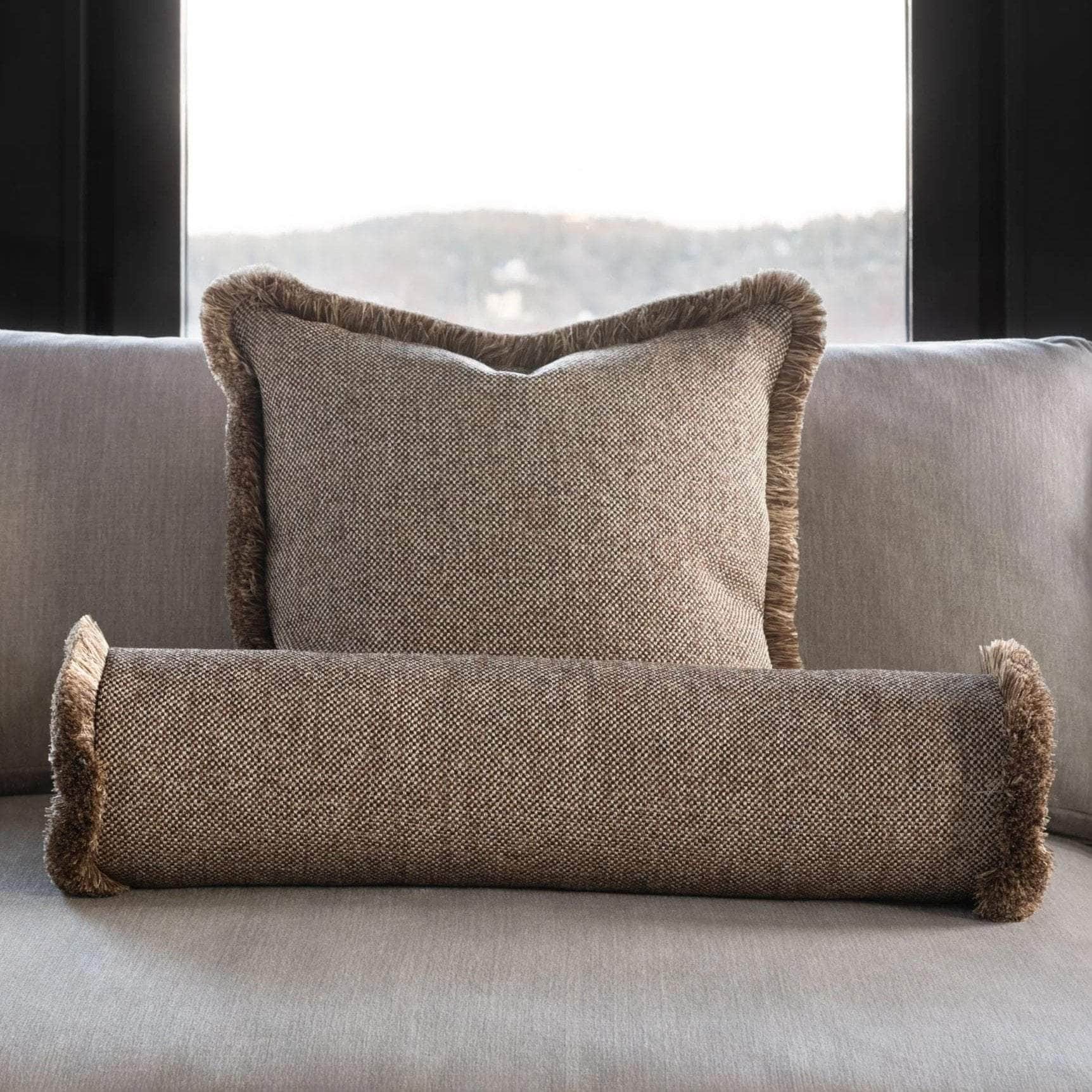 Pillow Cover - The Cigar Beige & Brown Quilted with Brown Blended Fringe