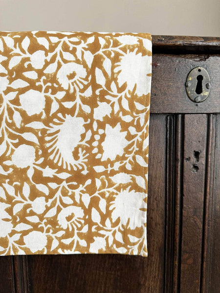 Block Printed Table Runner, Secret Garden in Ochre