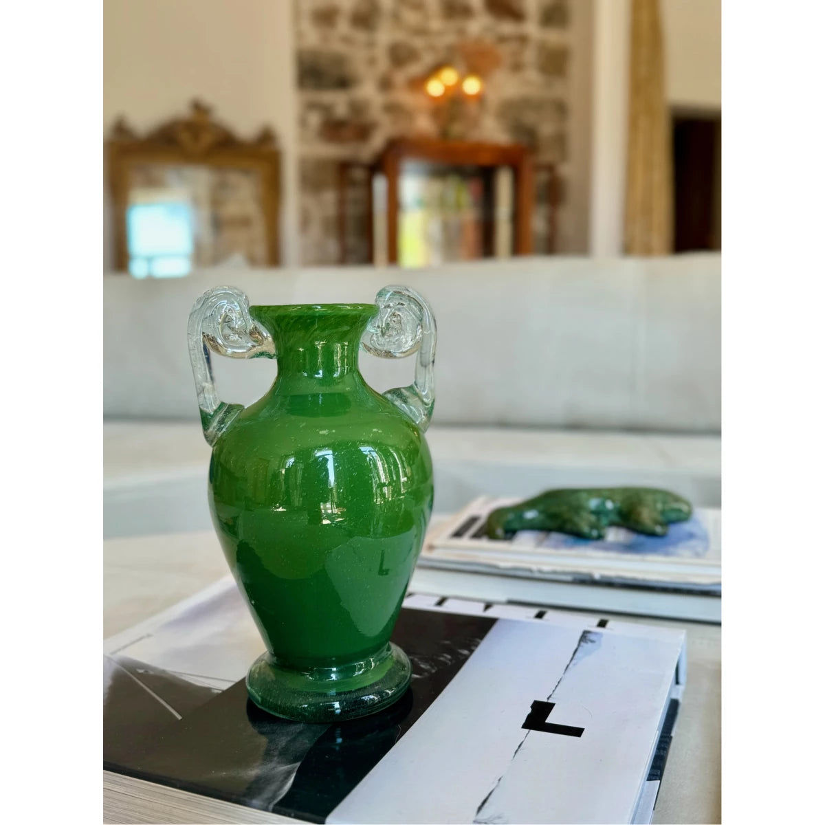 Blown Glass Amphora Vase, Green