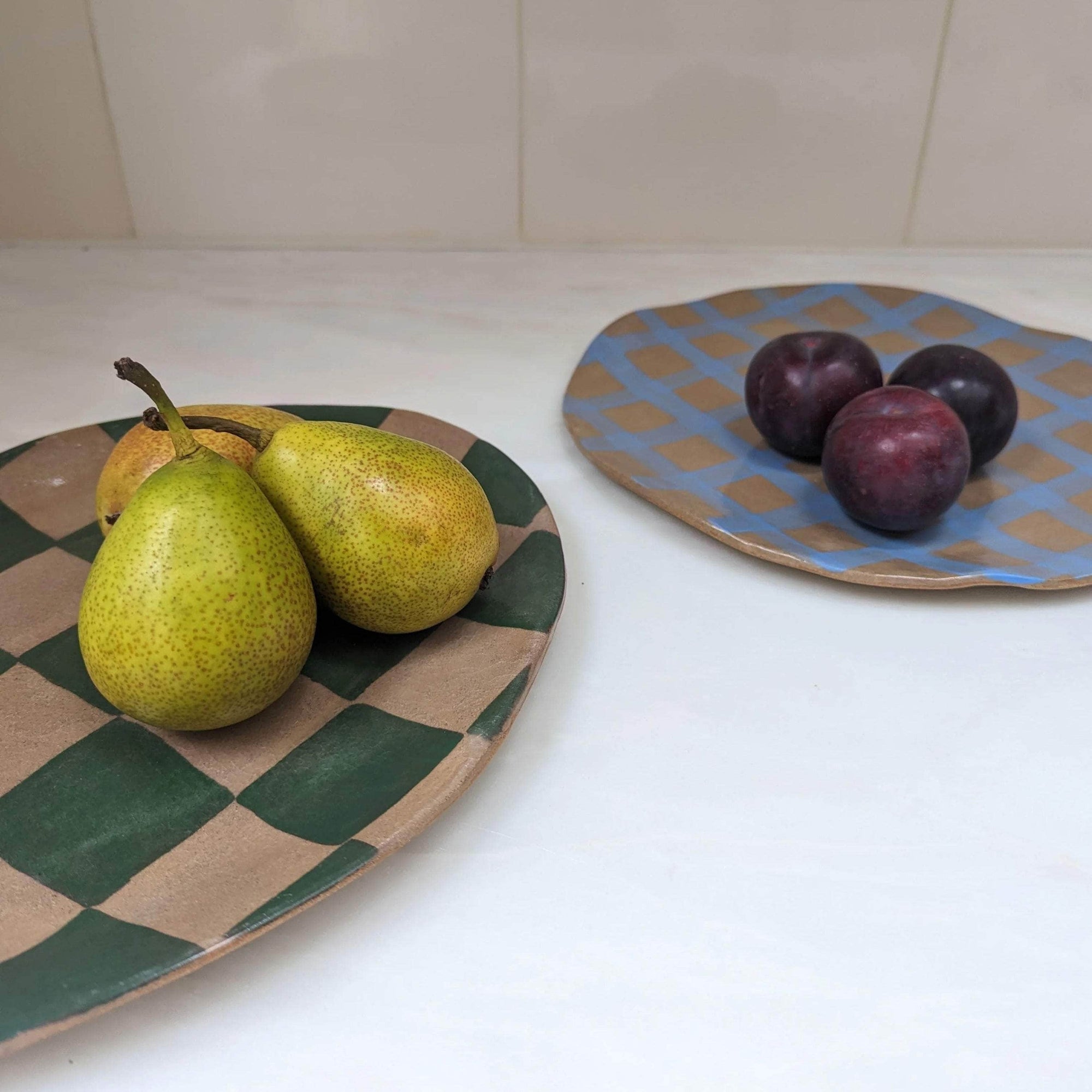 Green Oval Check Serving Platter