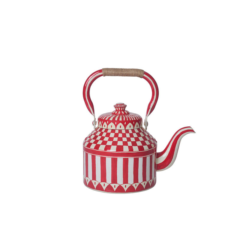 Hand Painted Tea Kettle | Red and White | Striped