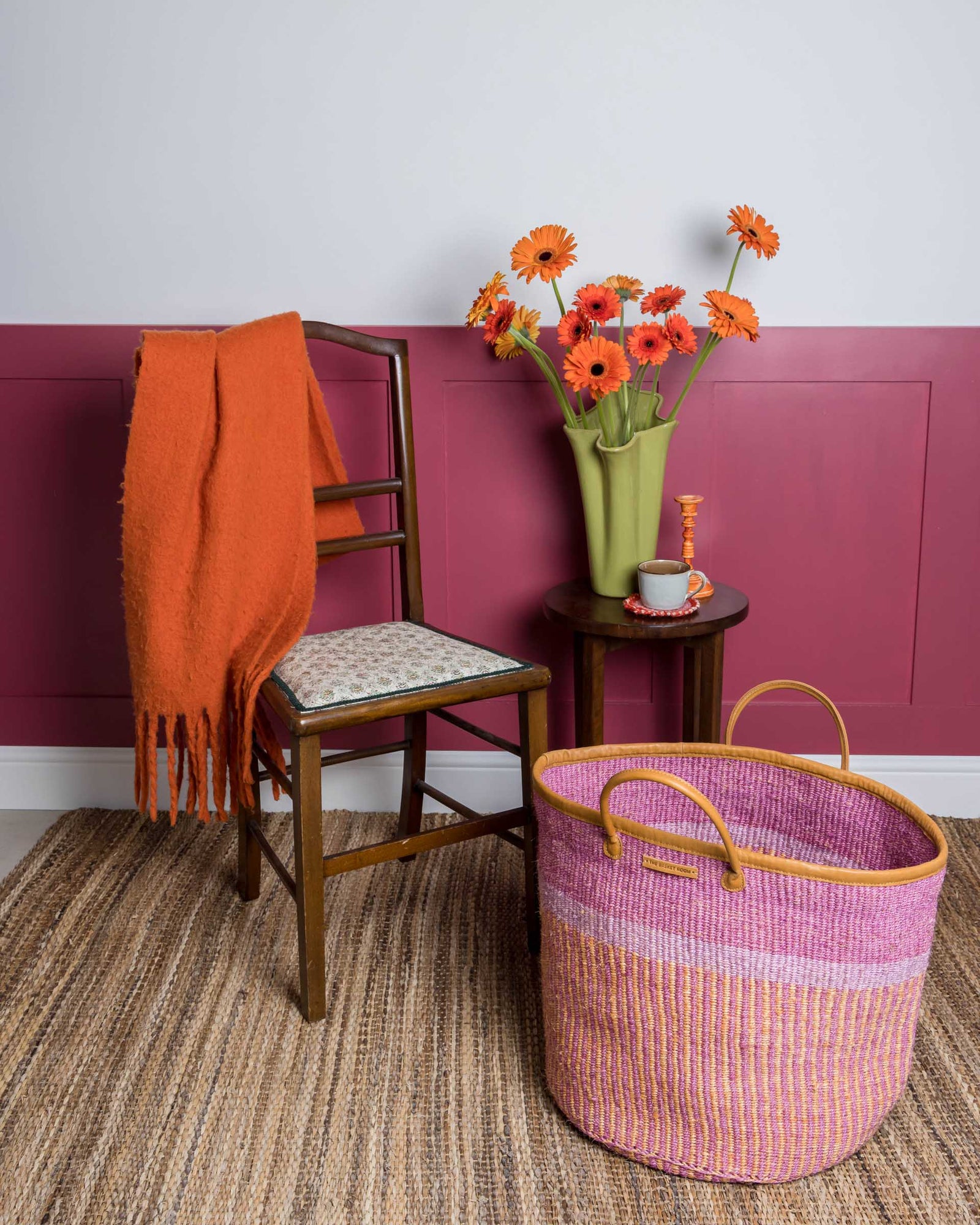 TENGUA: Orange, Pink & Purple Stripe Woven Laundry Basket