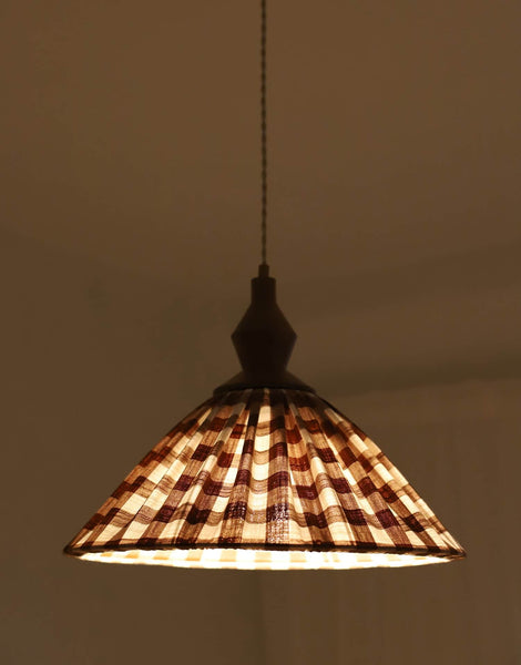Olga Pleated Pendant Light in Terracotta Check Fabric with Turned Wood Finish
