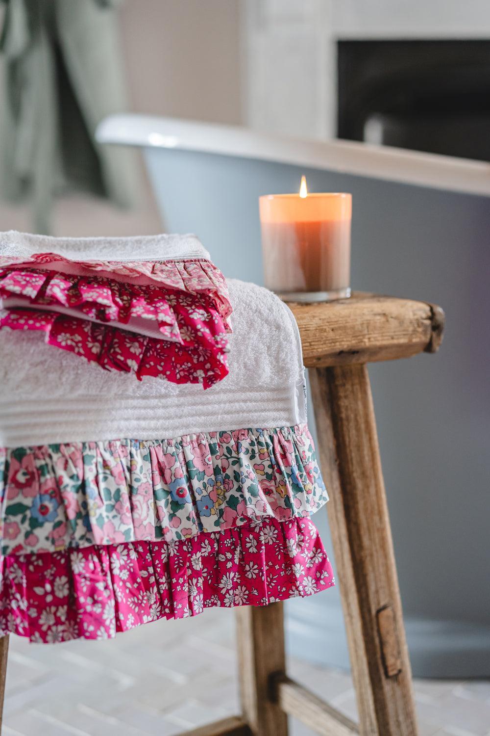 Ruffle Edge Towel Made With Liberty Fabric Mitsi Valeria & Capel Fuchsia Pink