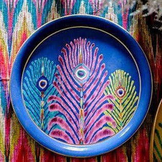 Les Ottomans x Matthew Williamson Hand-Painted Peacock Iron Tray - Blue