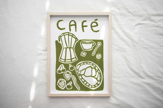 Green Cafe Linocut Print