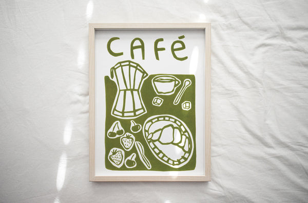 Green Cafe Linocut Print