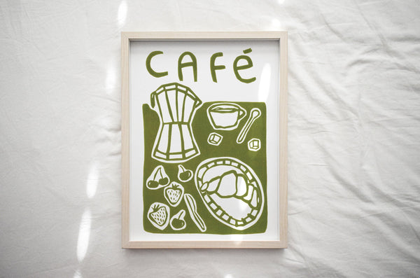 Green Cafe Linocut Print