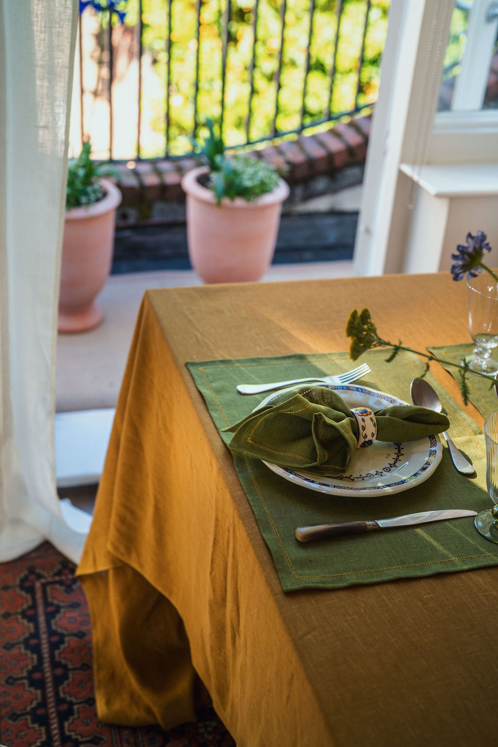 Set of 6 Personalised Fern Green Placemats with Ochre Hemstitch