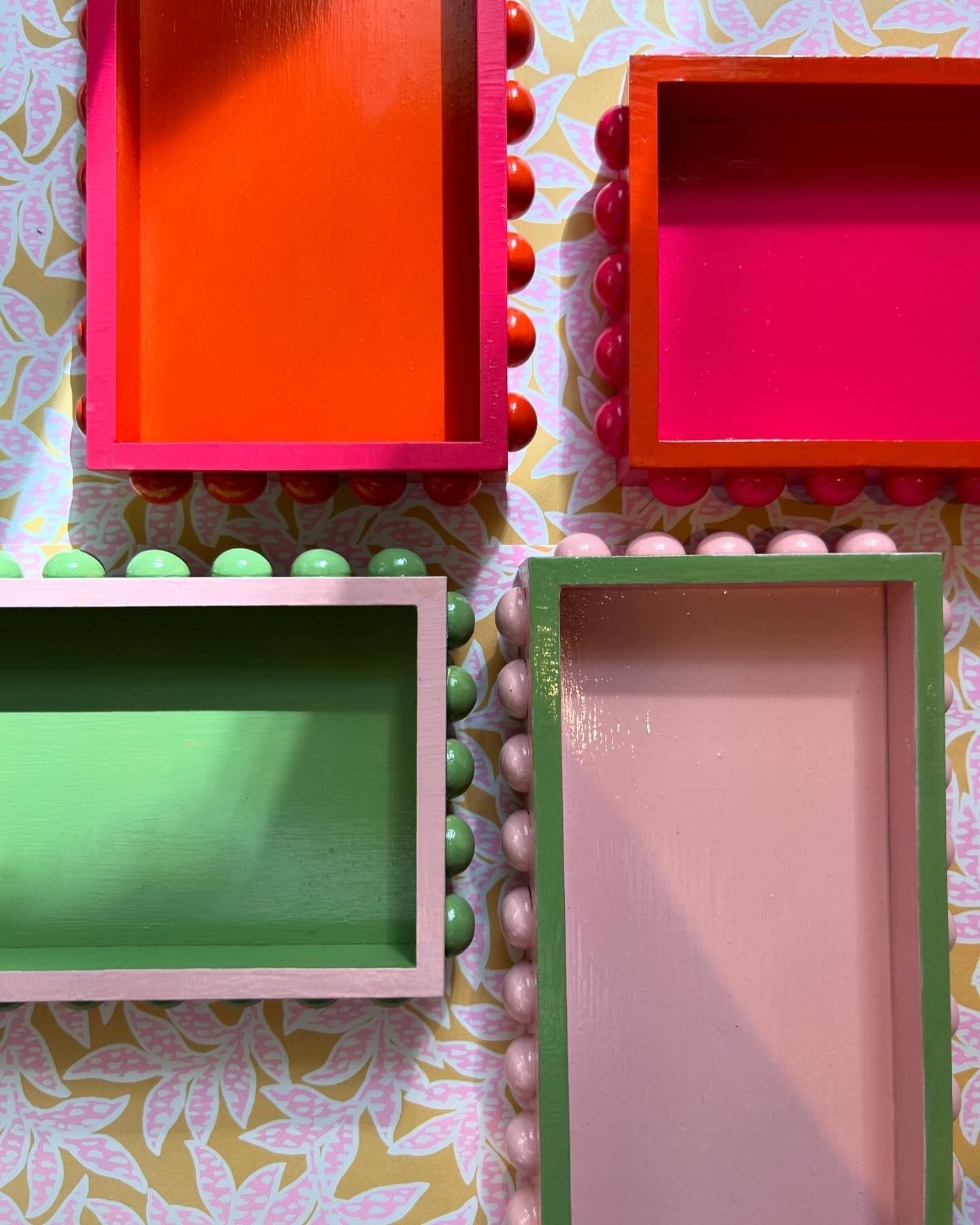 Pink Bobbin Style Decorative Tray with Green Edge