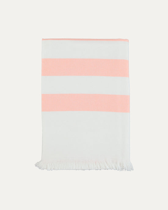 Striped Cotton Beach Towel with Frayed Edge - Salmon