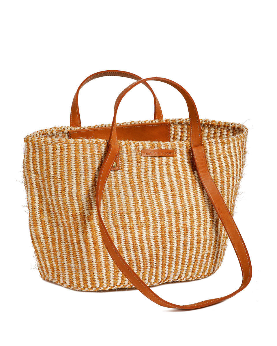 DHEHEBU: Gold and Natural Pinstripe Sisal Shopper
