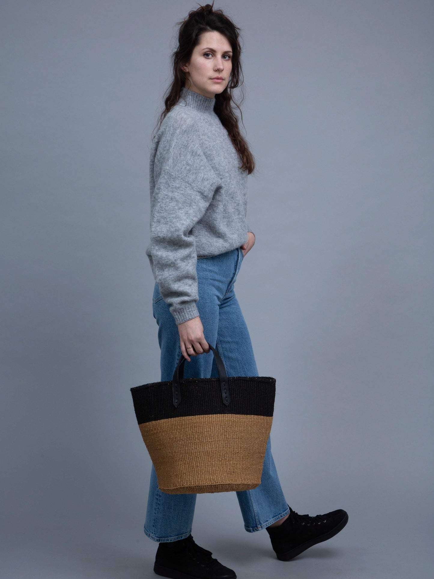 HIMIZA: Black & Khaki Sisal and Leather Shopper
