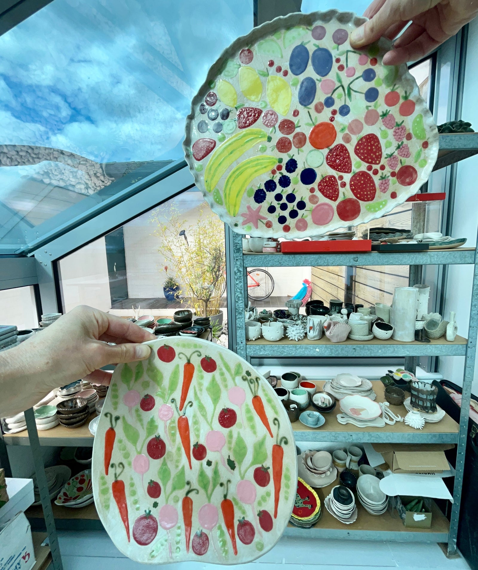 Handmade Ceramic Plate with Carrots Tomatoes Radishes & Peas