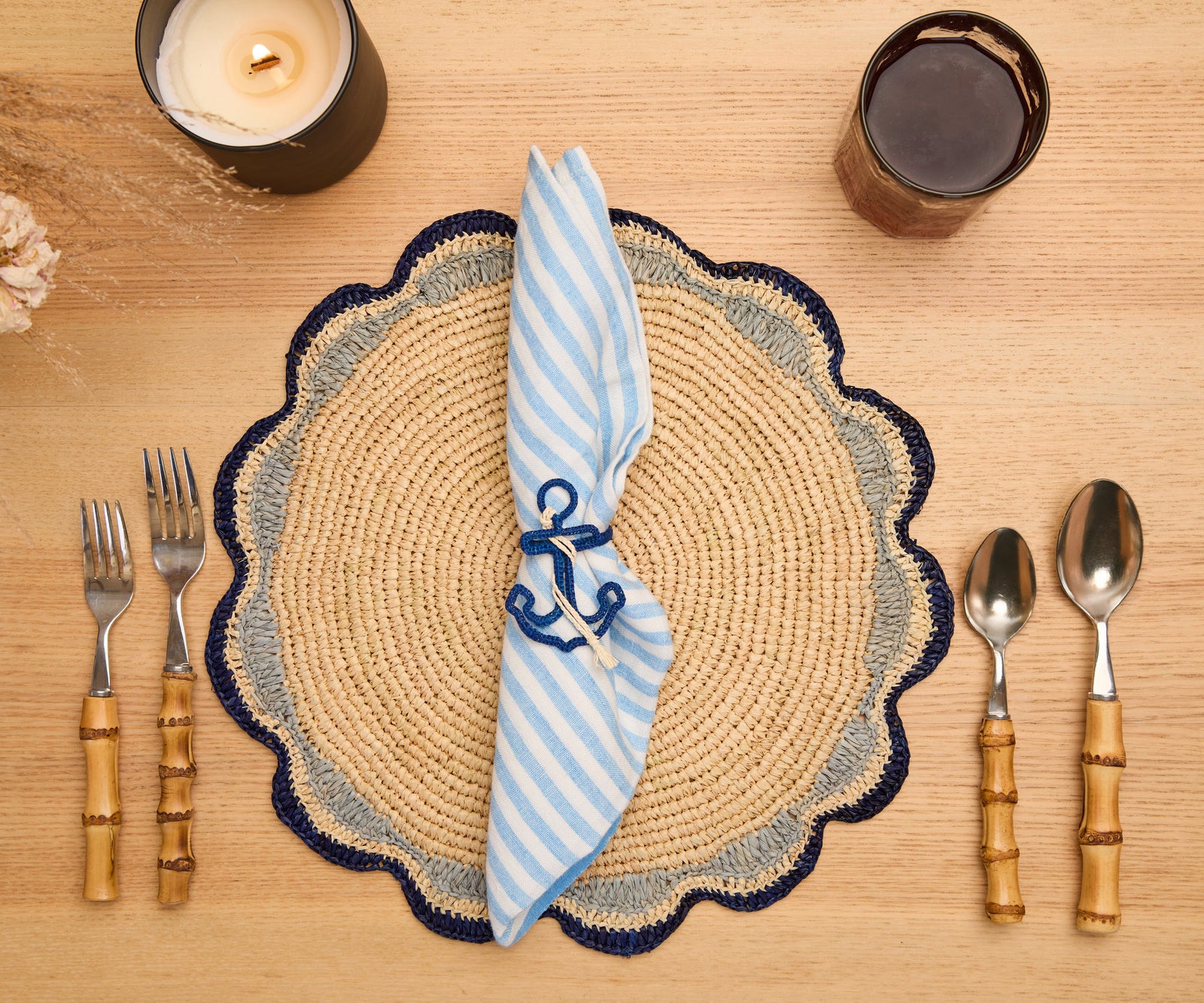 Nautical Anchor Napkin Rings – Coastal Table Decor, Handmade Raffia Napkin Holders, Set of 4 Blue and White or natural Anchor Rings