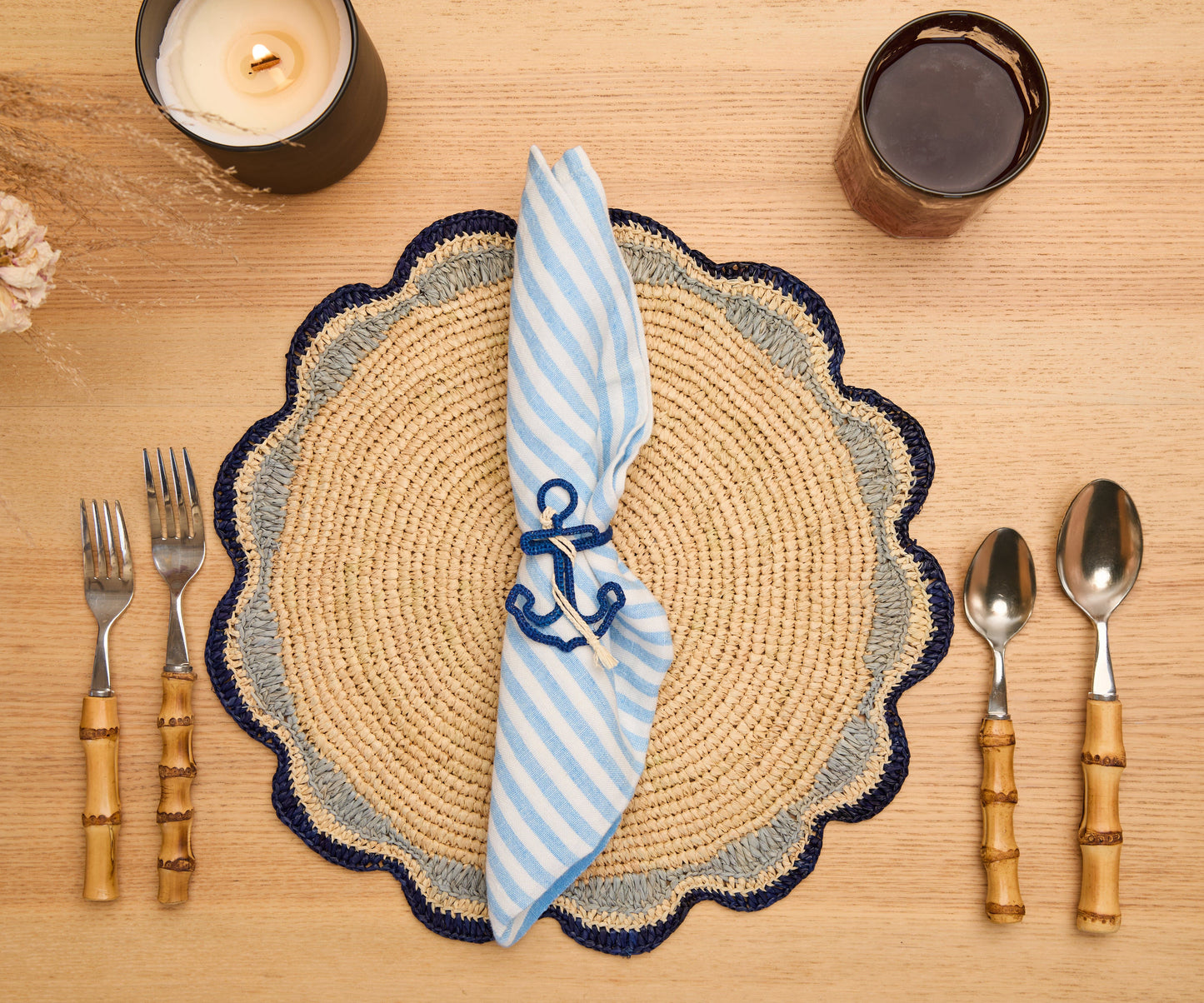 Nautical Anchor Napkin Rings – Coastal Table Decor, Handmade Raffia Napkin Holders, Set of 4 Blue and White Anchor Rings