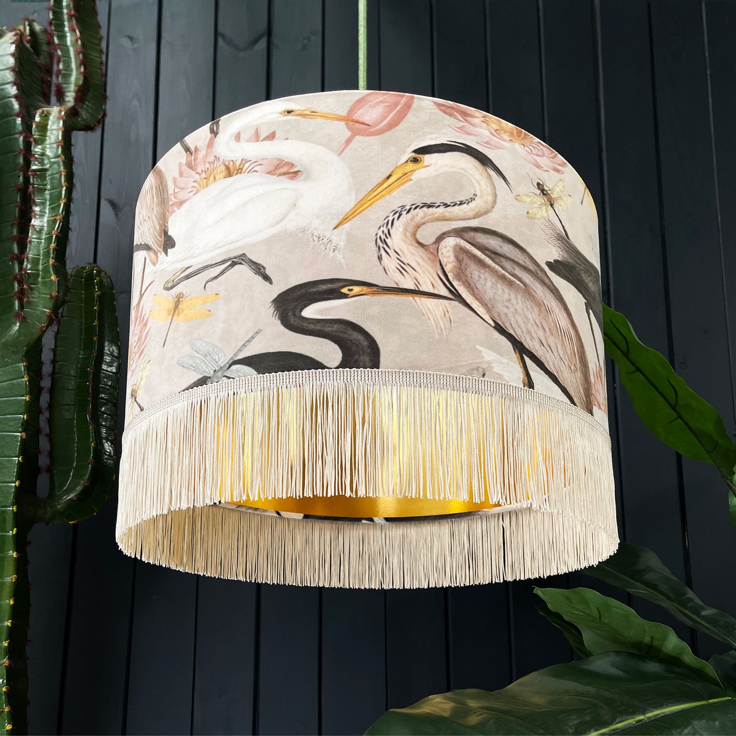 Bird Song Lampshade in Bone With Gold Lining and Fringing