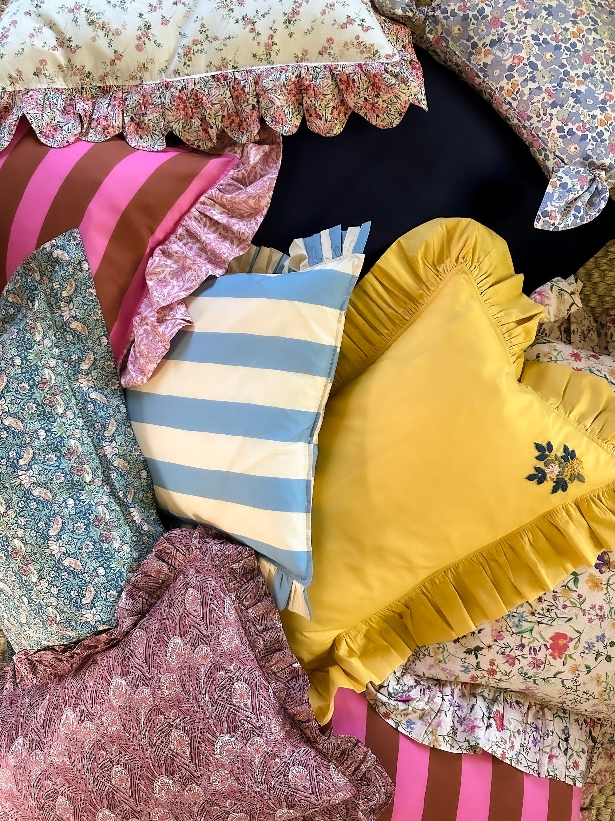 Embroidered Ruffle Cushion made with Linen Liberty Fabric TURMERIC