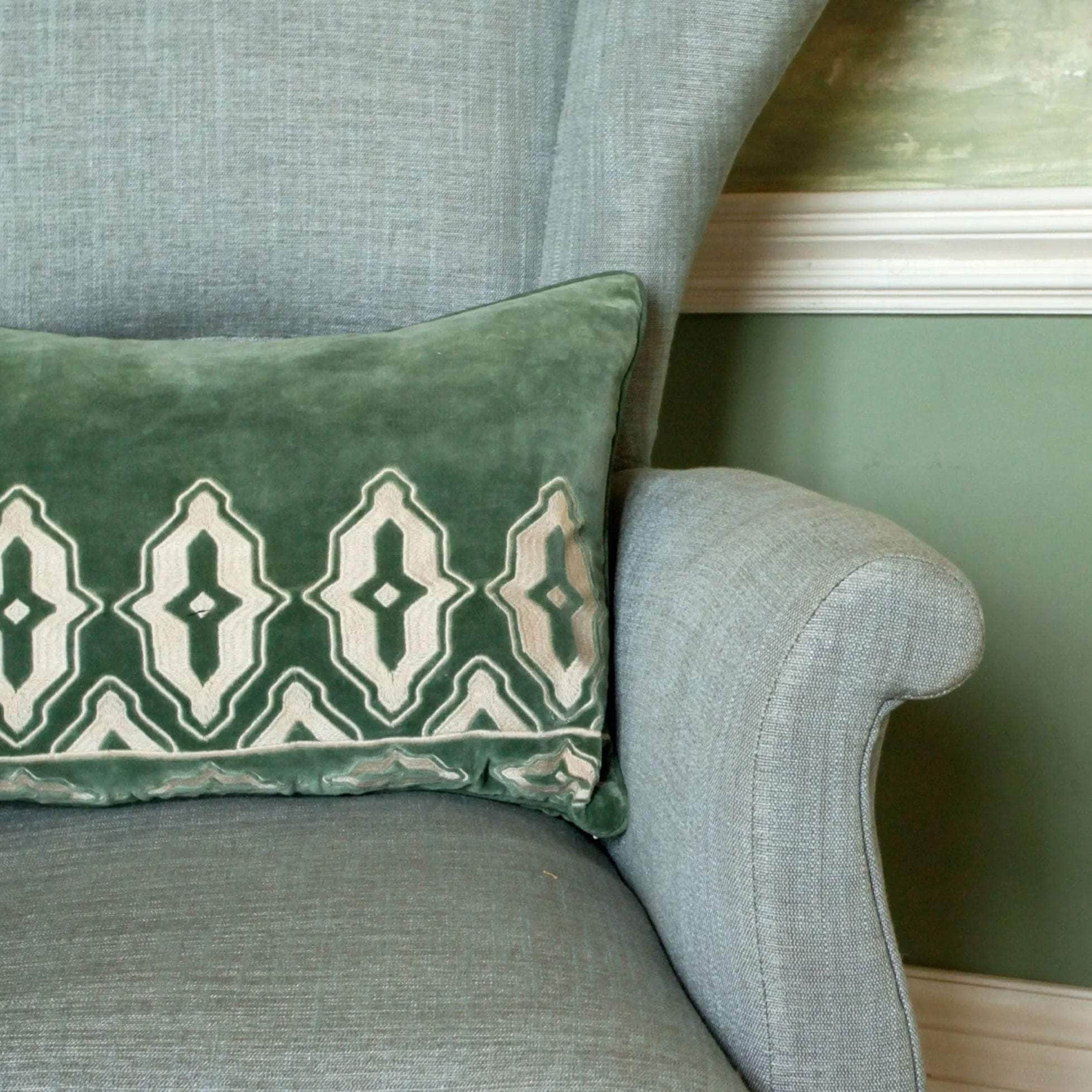 Tara Embroidered Velvet Cushion - Forest Green