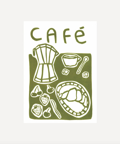 Green Cafe Linocut Print