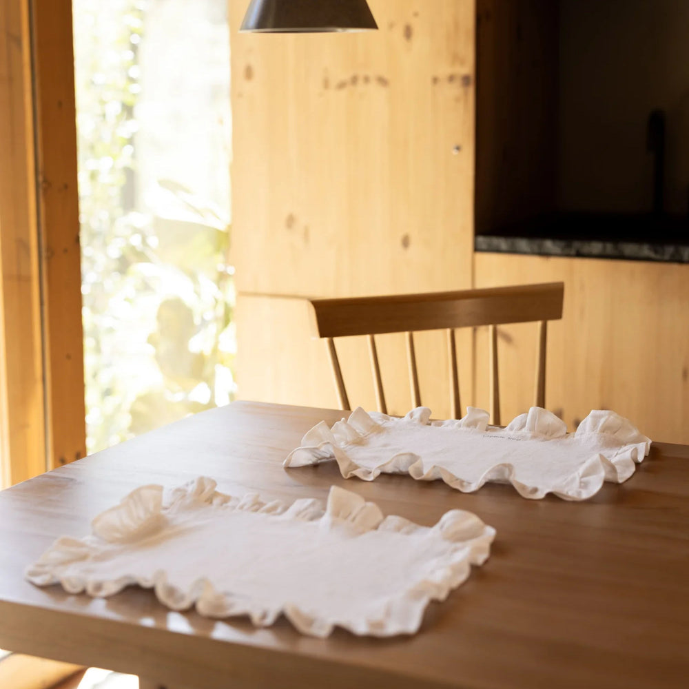 White Ruffled Linen Placemats with Embroidery – Set of 2
