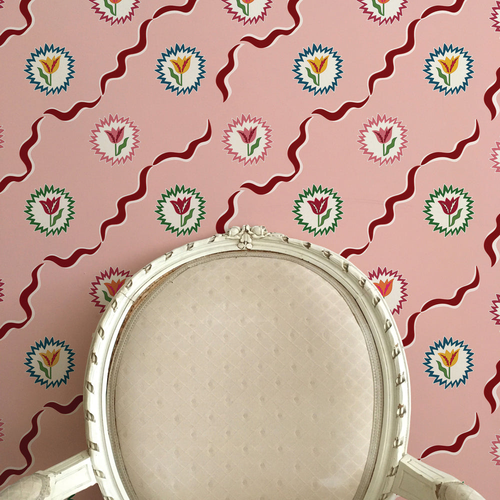 Tulips of Belgravia Wallpaper - Pink and Burgundy