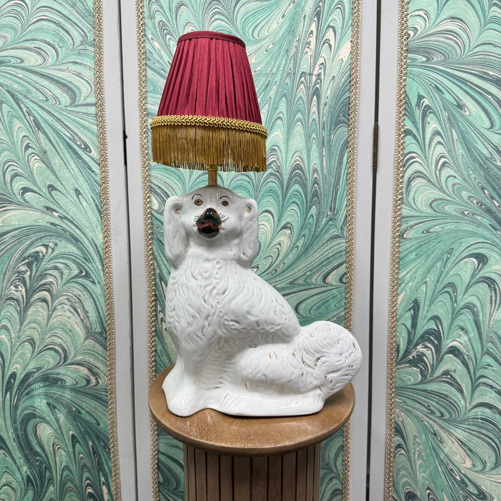Classic Staffordshire Dog Lamp with Red Silk Shade