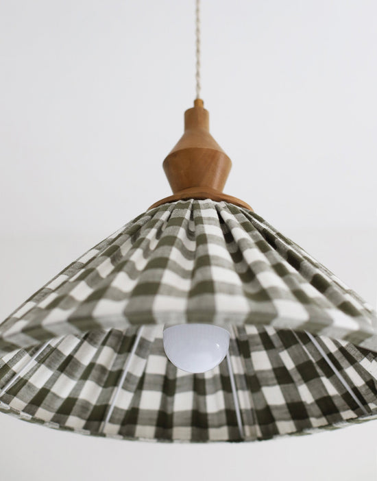 Olga Pleated Pendant Light in Khaki Check Fabric with Turned Wood Finish