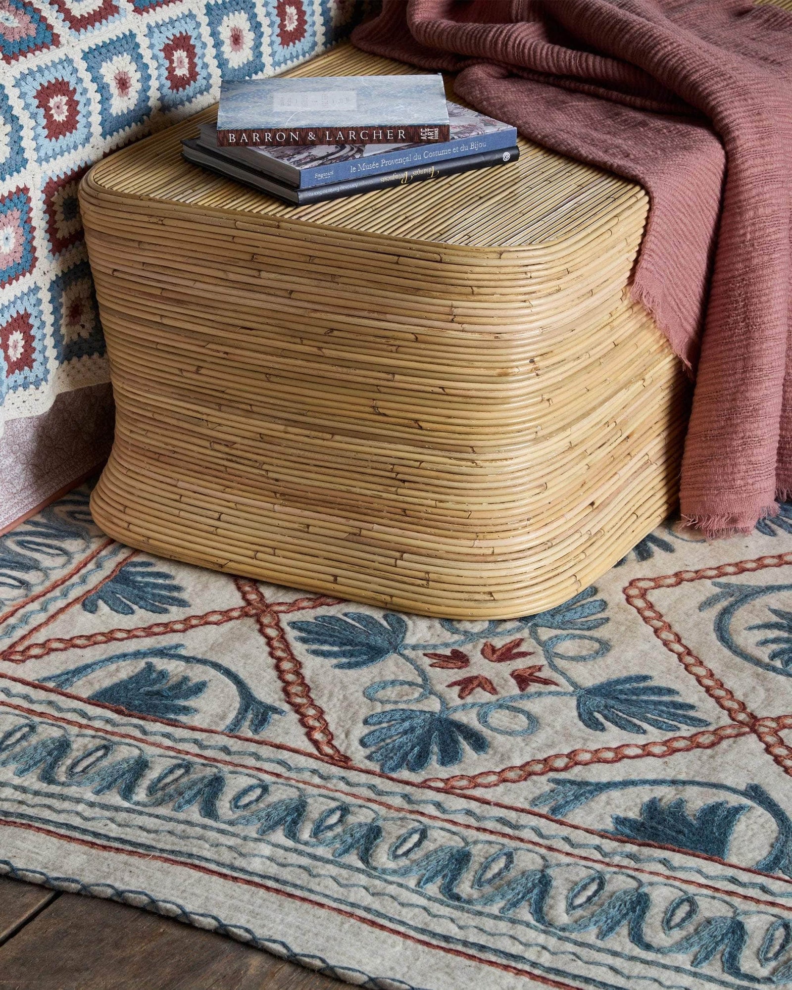 Namda Felt Embroidered Rug - Blue and Pink