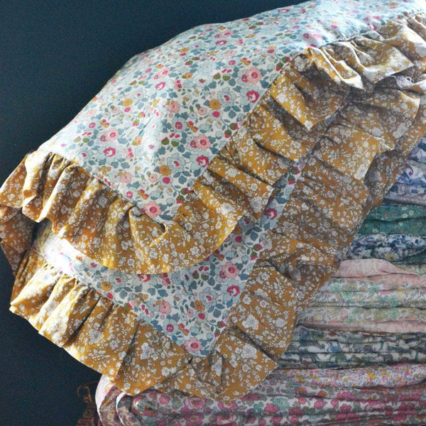 Ruffle Edge Bedspread Made With Liberty Fabric Betsy Grey & Capel Mustard